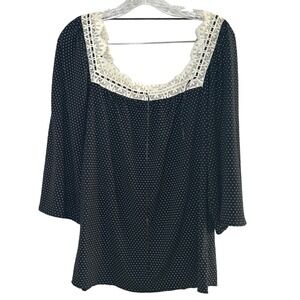 Tart Black White Polka Dot Square Neck Lace Trim Bell Sleeve Top L classic girly